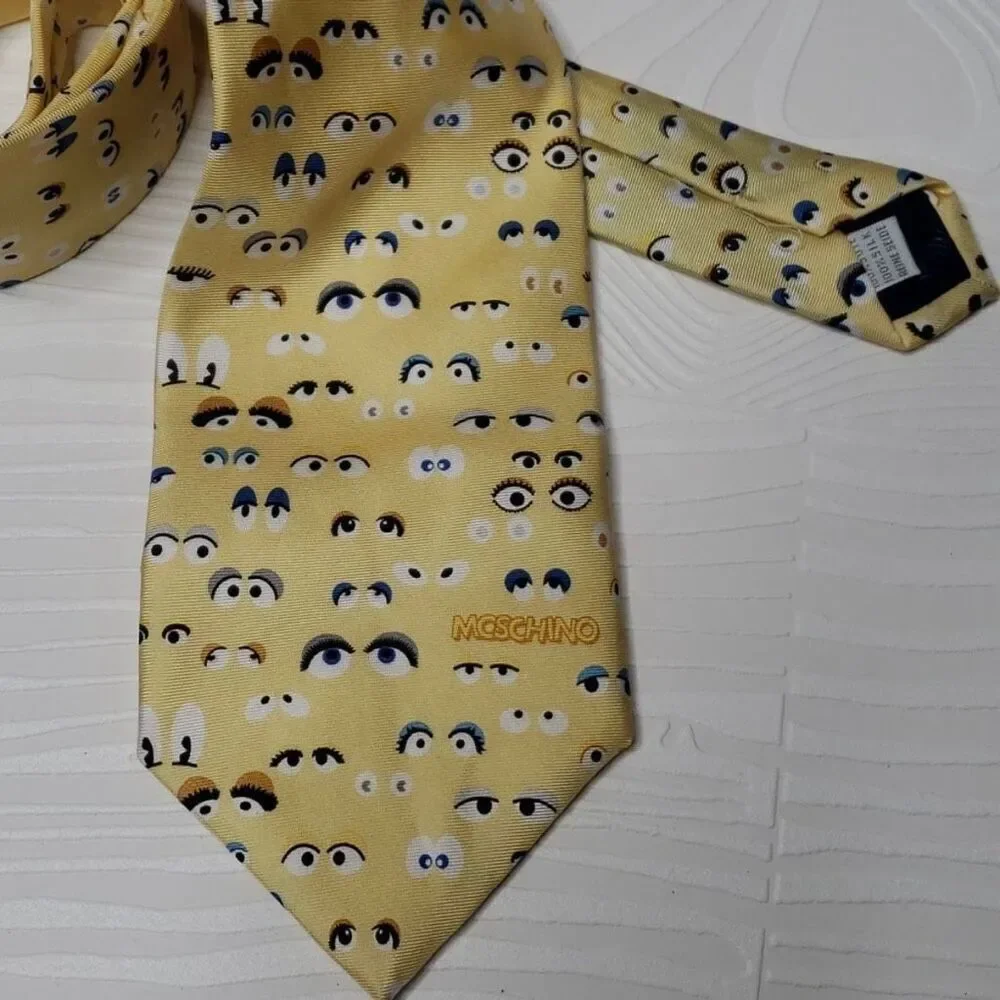 Moschino Men's 100% Silk Yellow Eyes Print Neck Tie